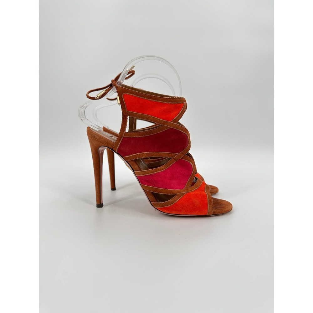 Aquazzura‎ Vika Women Brown Orange Pink Suede Strappy Stiletto Sandals 37 Italy
